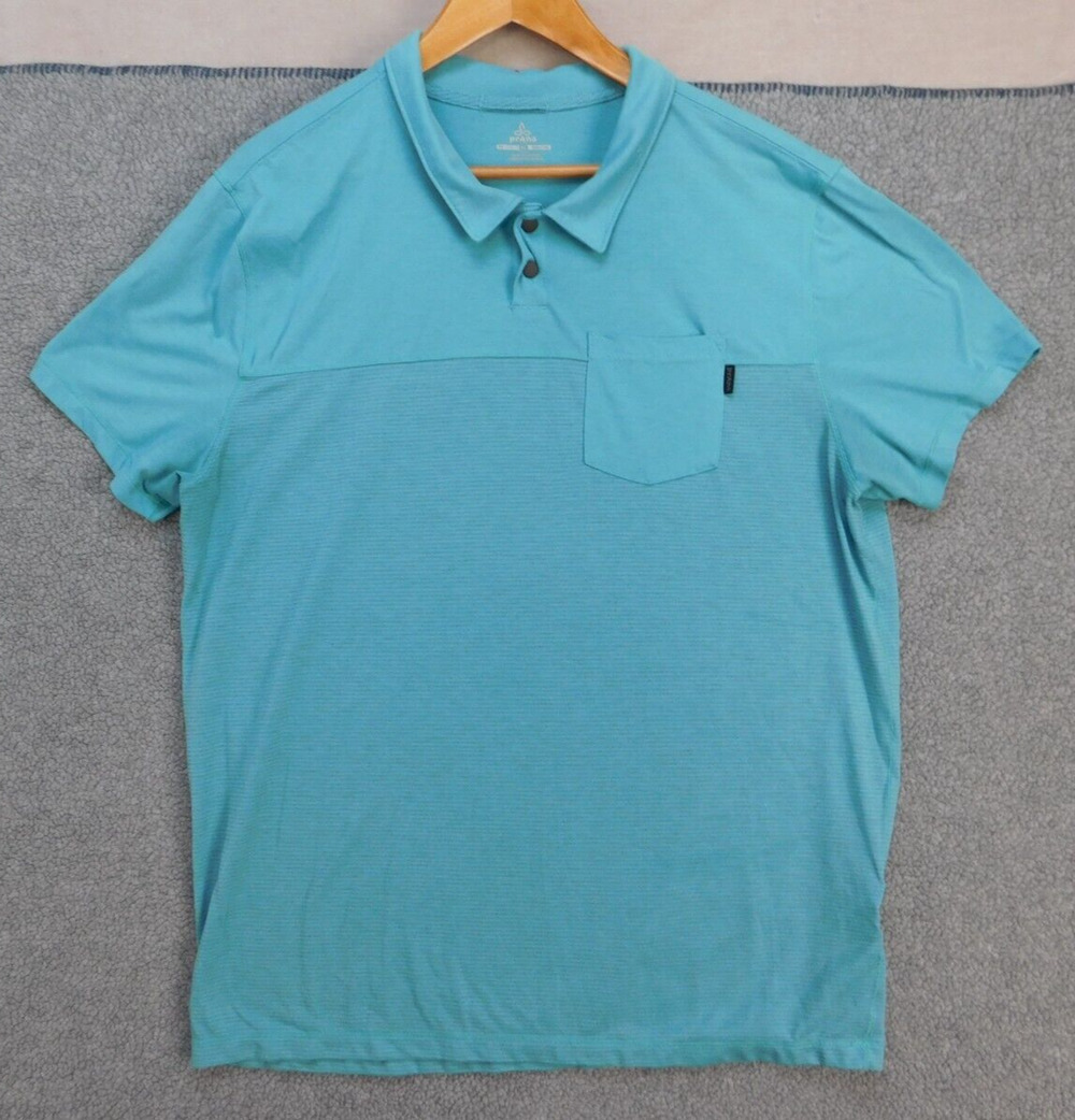 prAna Polo Shirt Men's XL Short Sleeve Green Striped Pocket Logo